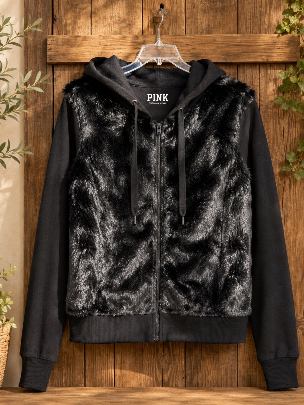 Black Victoria's Secret PINK hoodie featuring a faux fur body - Picture 2 of 3
